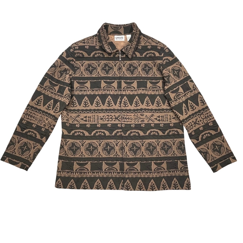 VTG Chico's Design Brown Tribal Geometric Zip Front Jacket Women Size 2 USA
